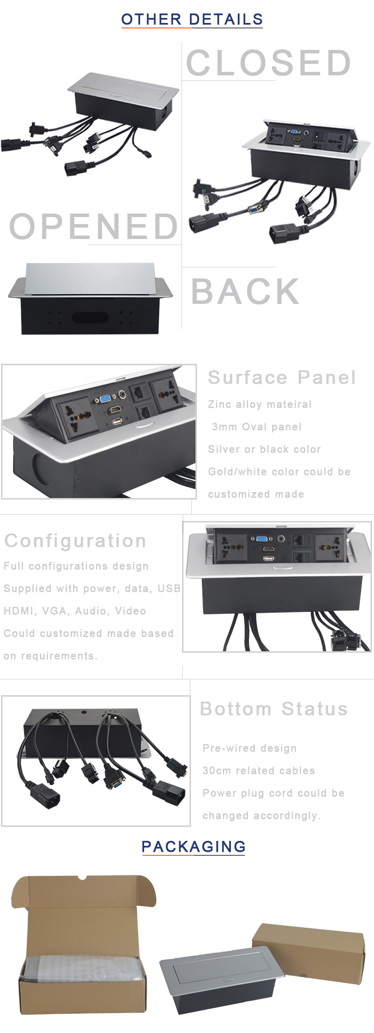 BNT Popular office furniture used table pop up media power outlet socket with 30cm pre wired