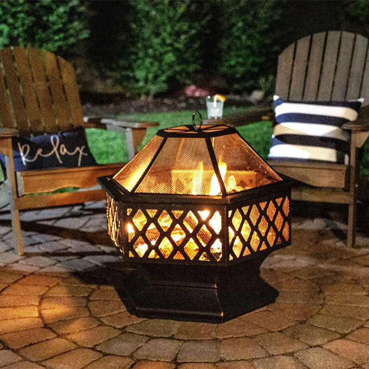 Hexagon Crossweave Steel Wood Burning Fire Pit Bowl for Outdoor Patio and Garden