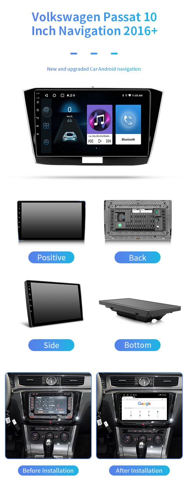 10 Inch Google Maps GPS Bluetooth Car Navigation 8 Core For Volkswagen Passat 2016+