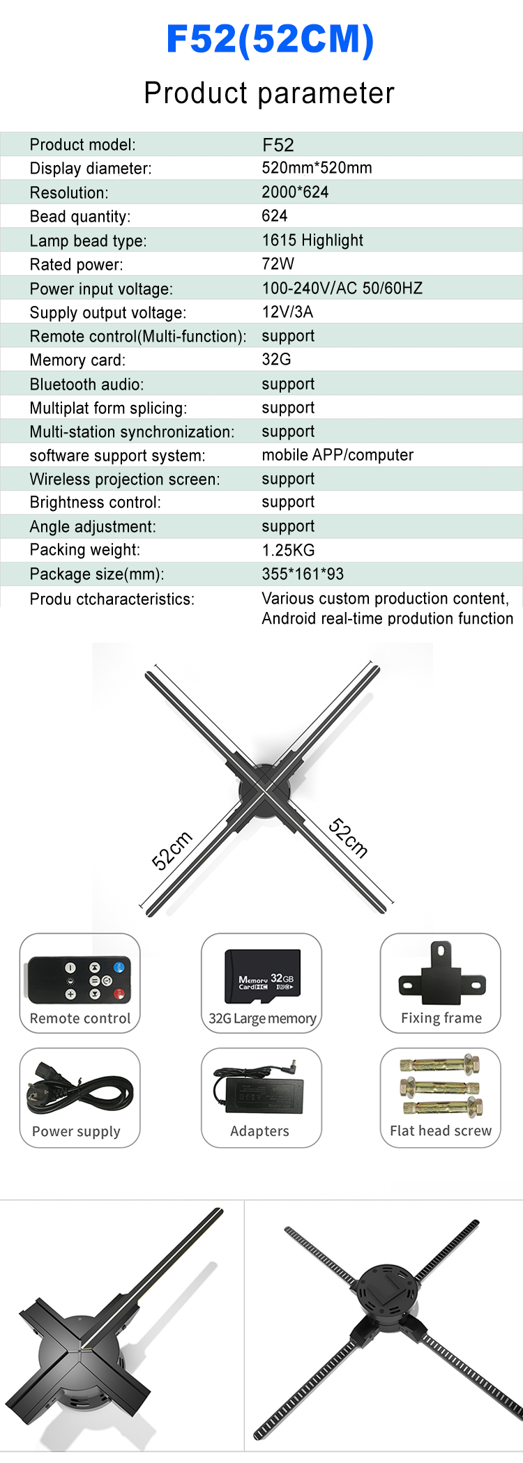 Advertising Strategy With 52cm Hologram Fan 512P Resolution And 4 Blades