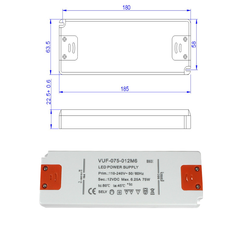 Plastic Case Constant Voltage LED Driver 12V 75W Power Supply For Strip Light