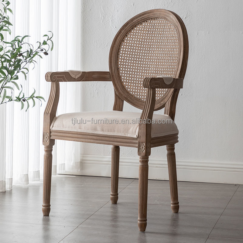 Antique Design Europe Vantage Indoor Solid Wood Round Cane Rattan Back Dining Chair for Traditional Style in Europe