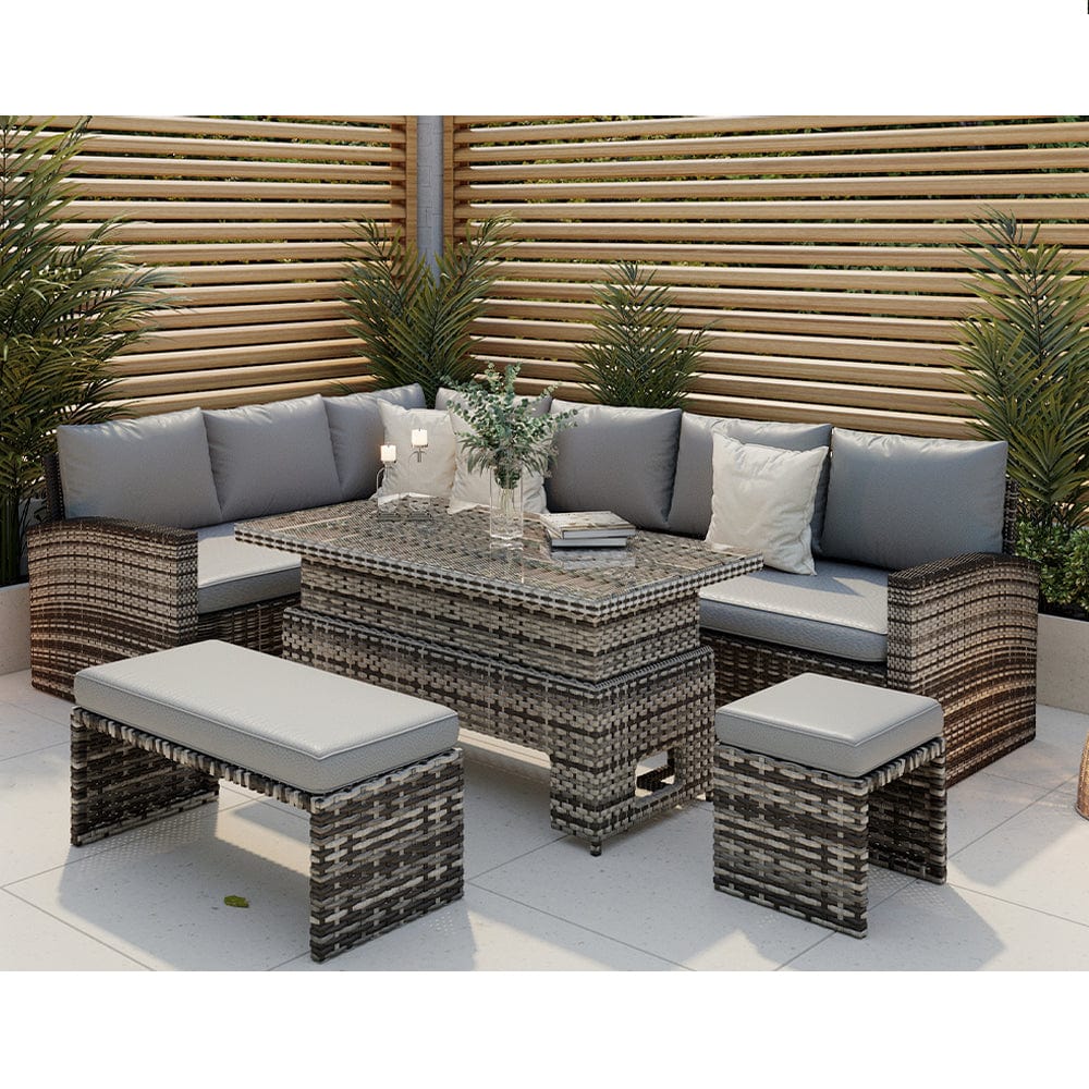 AJUNION PE Rattan Garden Dining Furniture Set with Rising Dining Table L96xW49xH35cm
