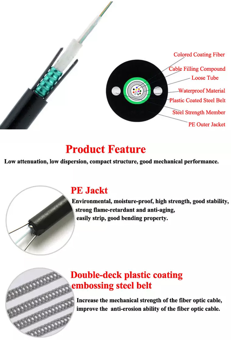 2 Core 12 Core Armored Telecommunication Cable GYXTW-4B1 Central Beam Tube Optical Cable