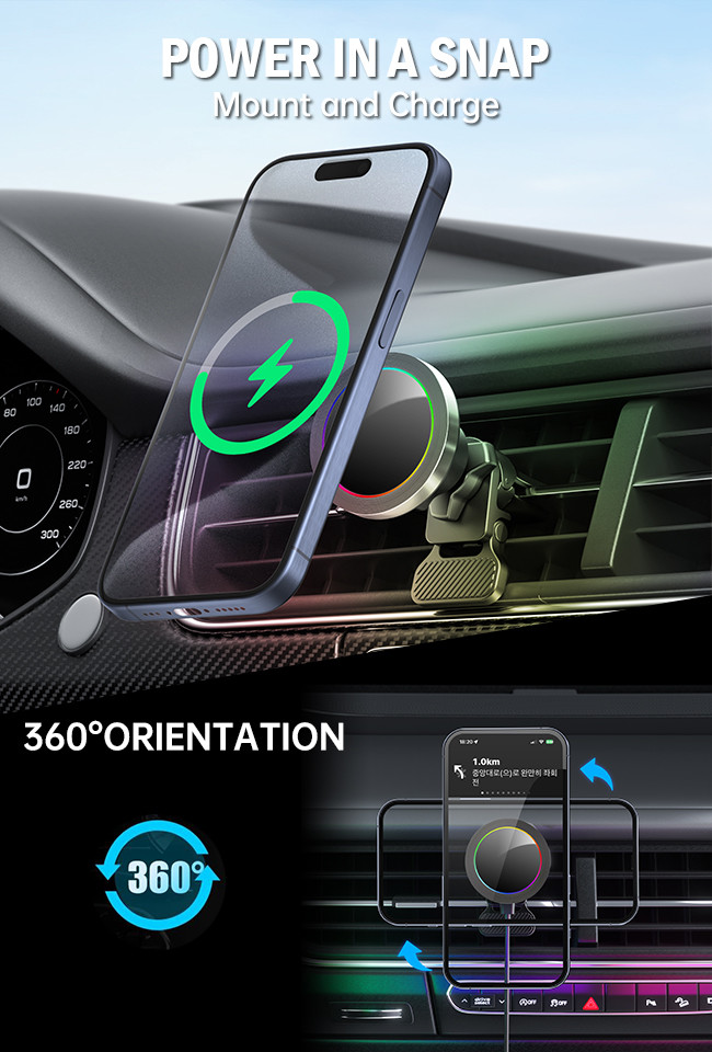 Aluminium Alloy Base Case Wireless Charging Station For Car Phone Holder With Hidden Light Off Function