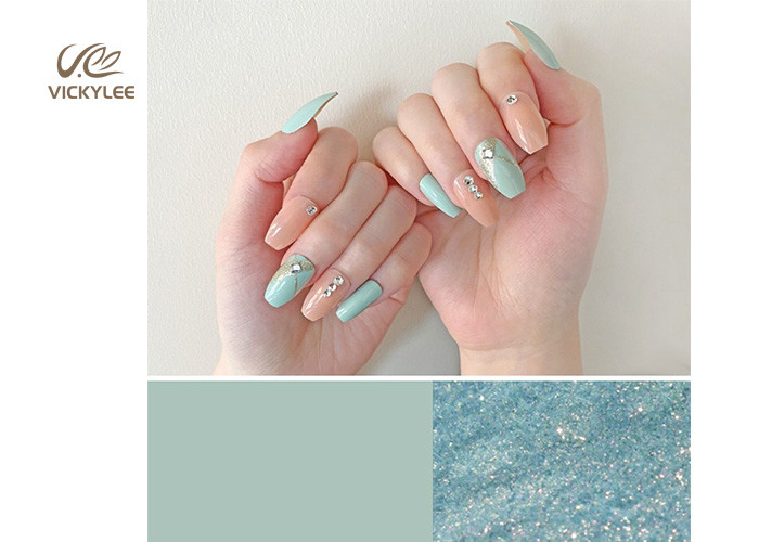 Coffin Artificial OEM Mint Green Fake Nails Press On Crystal Stone