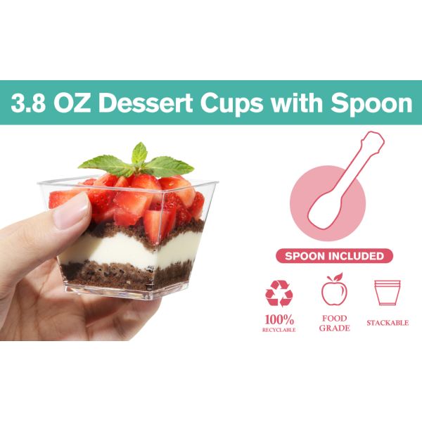 3.8 Oz Plastic Dessert Cups With Spoons Pack, Clear Square Mini Dessert Cups Appetizer Cups Parfait Cups Tumbler Cups For Mousse Puddings, Party