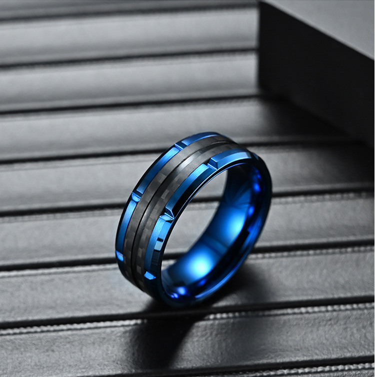 High Polishing Mens Stainless Steel Fashion Rings Epoxy Jewelry Carbon Fiber Inlay Rings