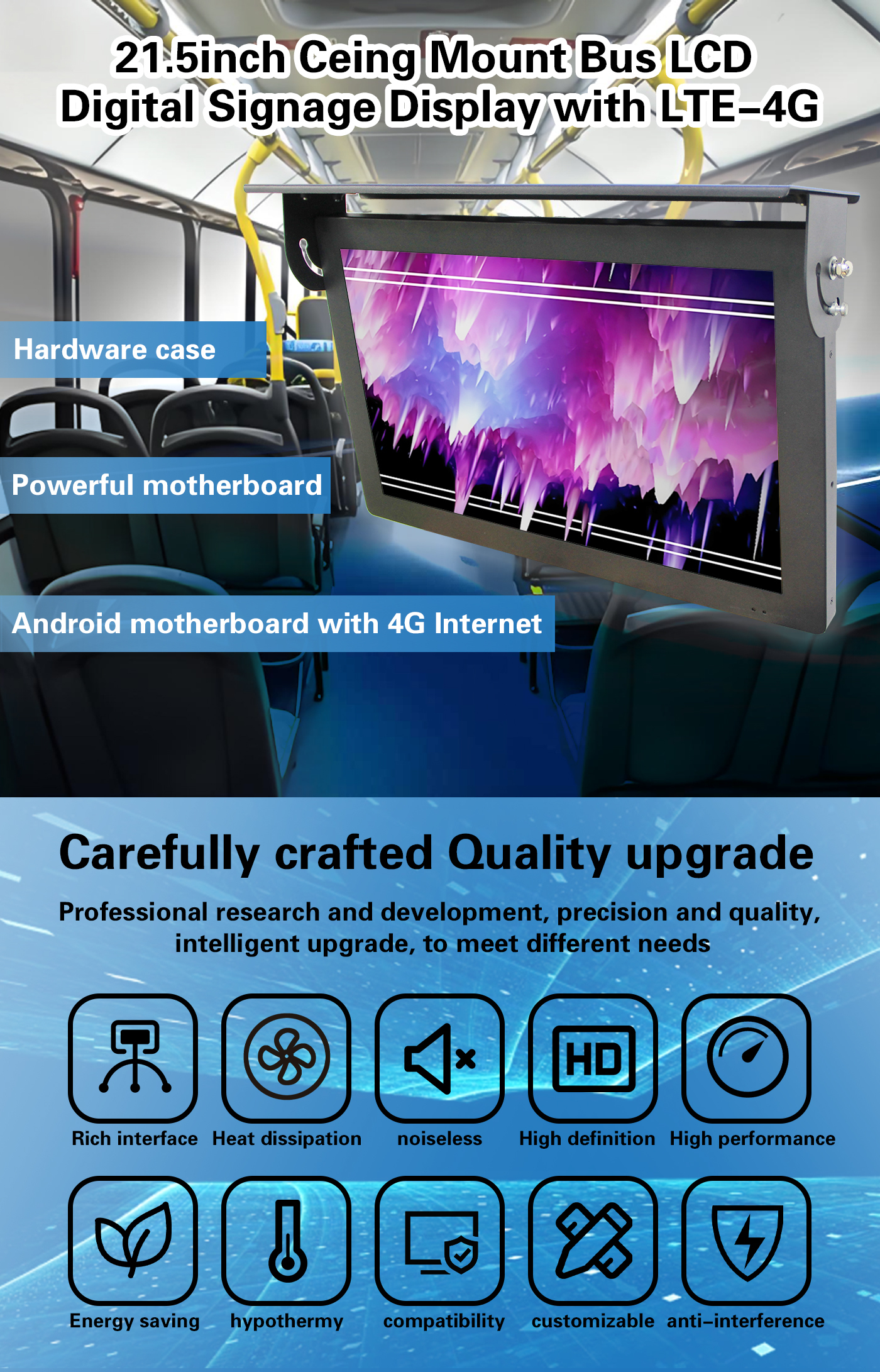 21.5/24/32 Inch Stretched Bar Ceiling Mount Bus Wifi Digital Signage Android Wireless Networking Digital Lcd Monitor With 4G Option