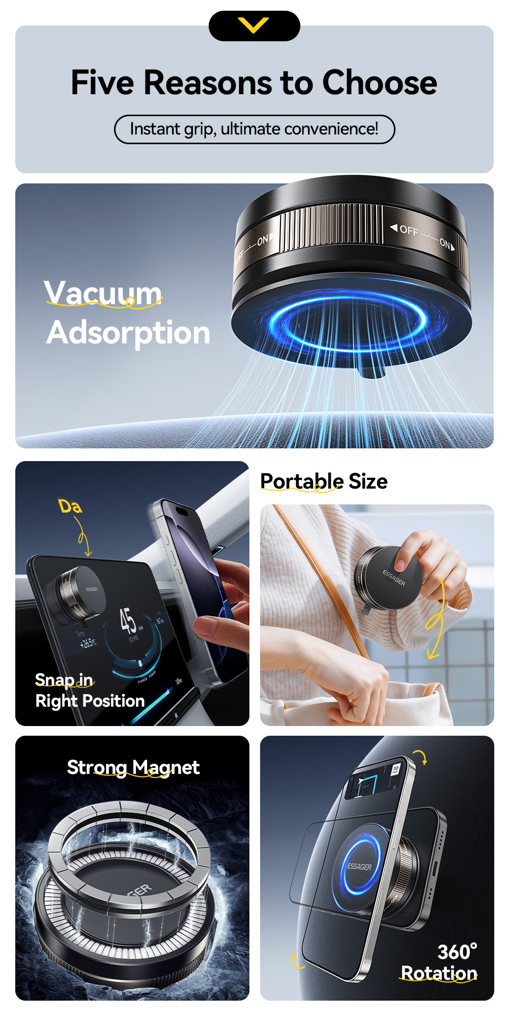 ESSAGER ES-ZJ36 360 Adjustable Vacuum Suction Magnet Car Mobile Phone Holder Stand