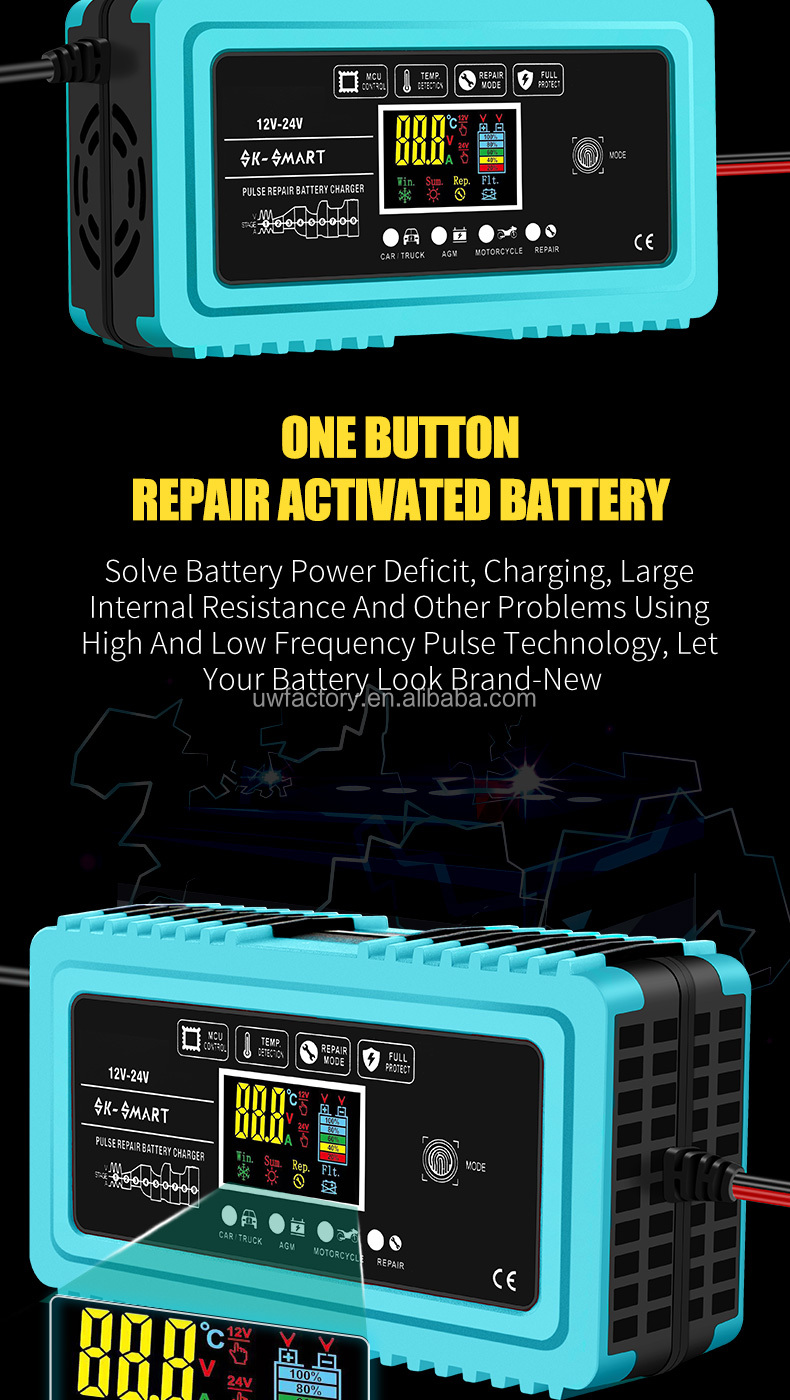 Fast Charging Speed 7-Stage Auto Lead Acid Battery Charger 12V 6A 24V 3A for LiFePO4 Lithium 12V/24V Motorcycle Battery