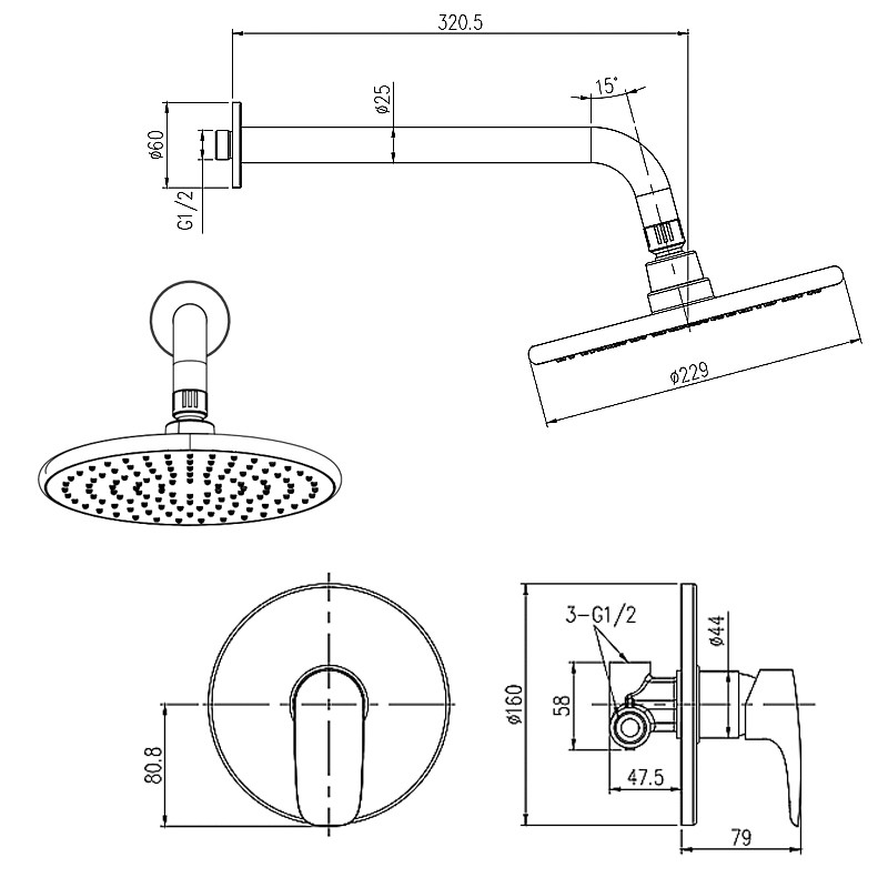 Bathroom Headshower Built-in Shower Set Modern Round Chrome Head Shower System Easy Clean