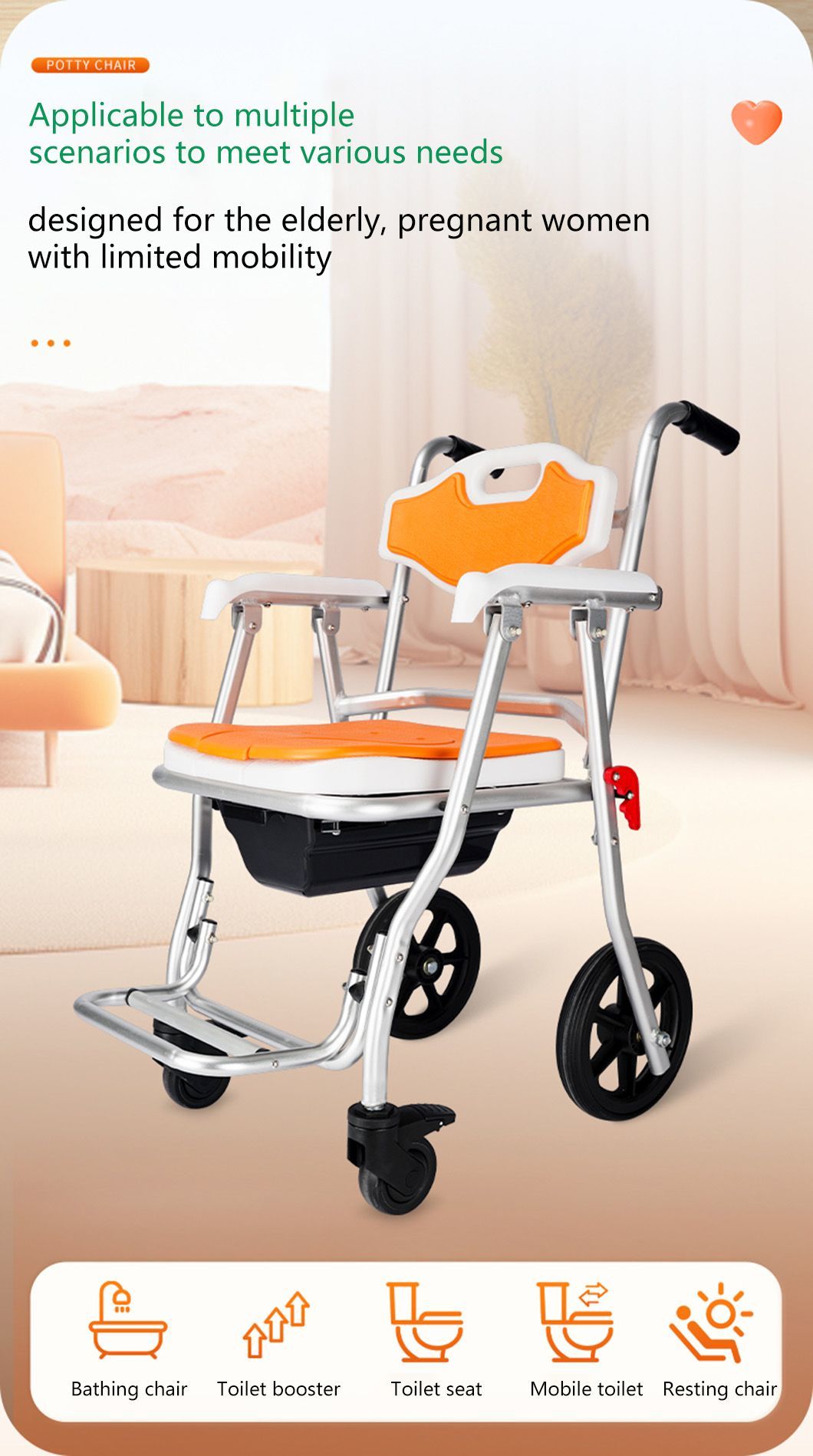 Toilet Safety Chair for Elderly and Disabled Aluminium Mobile Bathroom Chair with Wheels