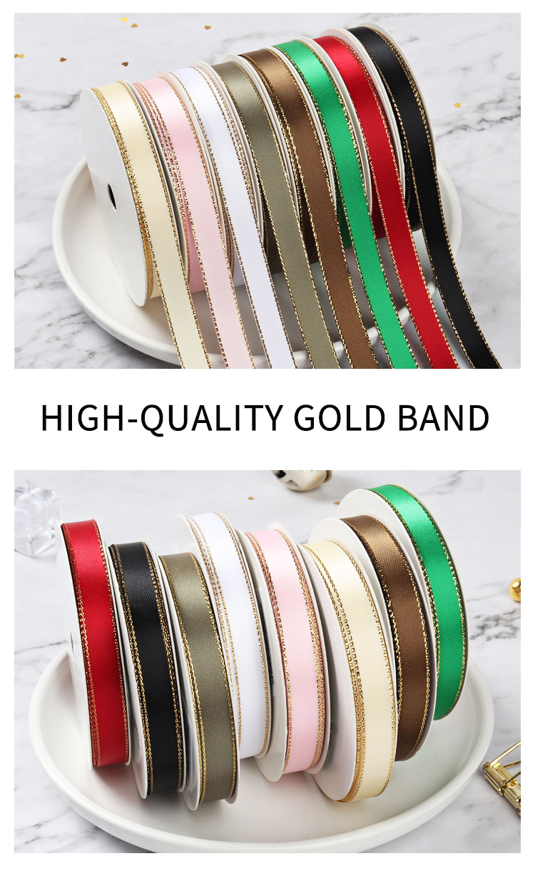High Quality Solid Color Polyester Gold Edge 6mm Satin Ribbon Roll
