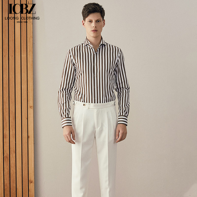 Men's Business Formal Brown Striped Long-Sleeved Shirt with Single Breasted Closure