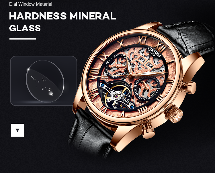 KINYUED genuine leather tourbillon mens automatic watch skeleton mechanical watch luminous watch