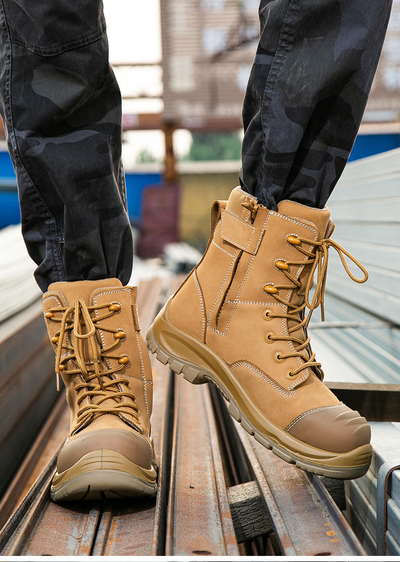 Wheat Cowhide Rubber Sole Glass Fiber Toe Security Guard Work Boots Anti Smashing Kevlar Anti-Proof Work Shoes