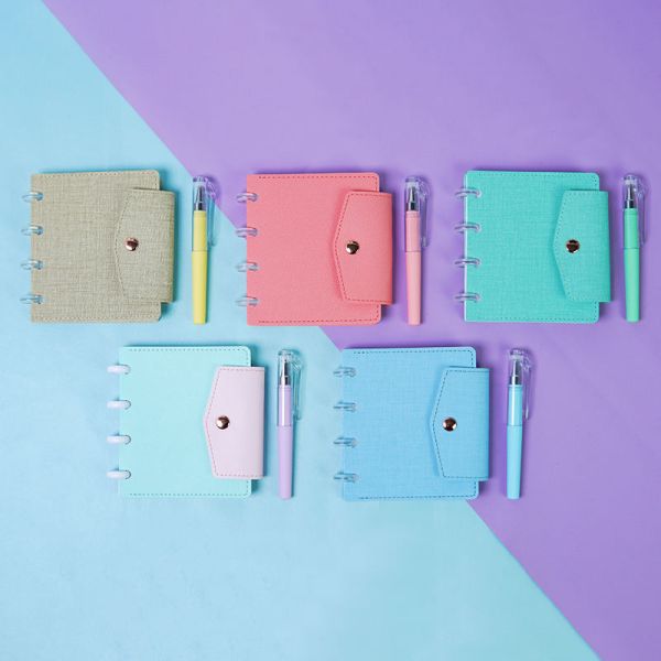 RINGNOTE A7 Size PU Leather Portable Luxurious High Quality Mini Small Disc Bound Snap Ring Pocket Notepad Notebook with Pen