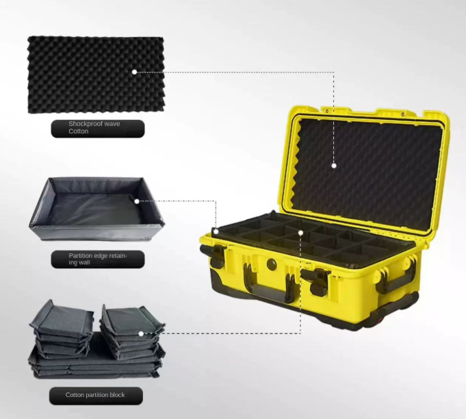 Interior view of camera trolley case showing customizable foam padding