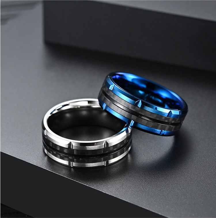 High Polishing Mens Stainless Steel Fashion Rings Epoxy Jewelry Carbon Fiber Inlay Rings