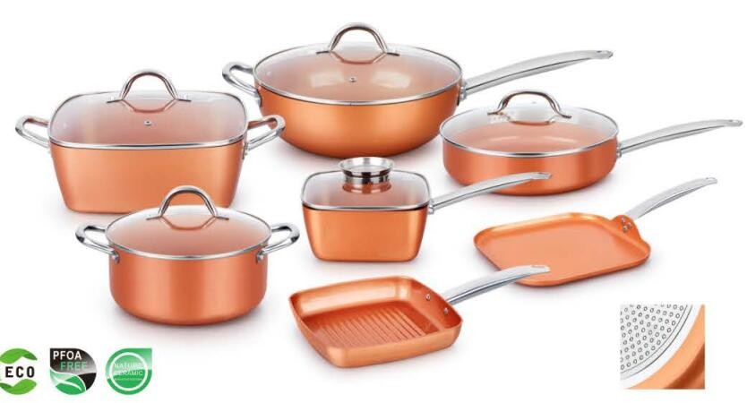 Eco-freindly Aluminum 7pcs Forged-die casting copper ceramic coating cookware set with firm stainless steel