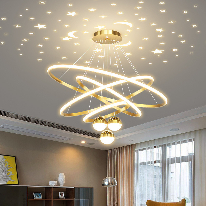 Modern Gold Chandelier Round Aluminum Pendant Light Star Ball Projection Durable Living Room Bedroom