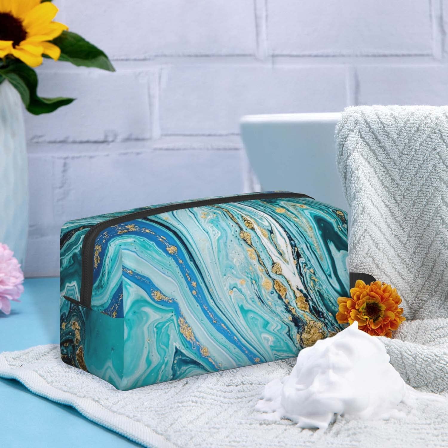 Shockproof protective &Store Portable Shaving Kit Bag, Blue Gilt Marble,Wash Bag for Travel, Gym, Camping