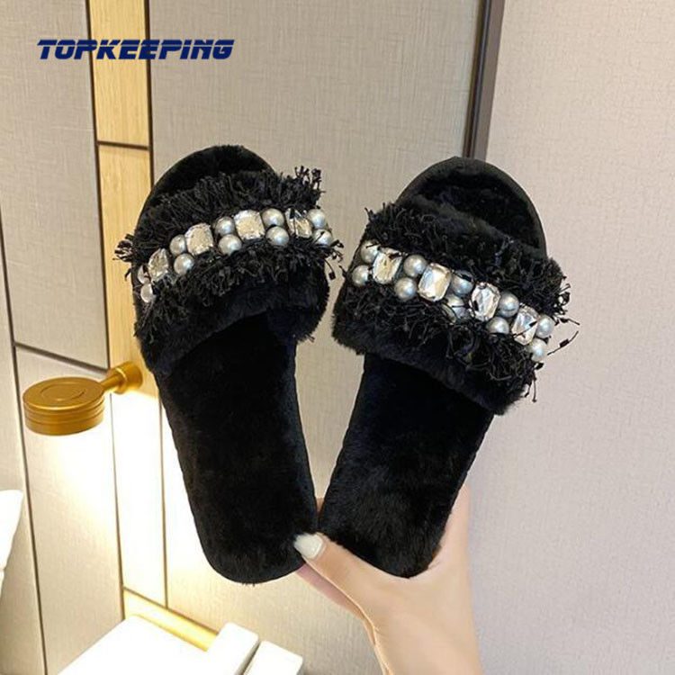 Tear Resistant Indoor Plush Fur Slippers For Lady