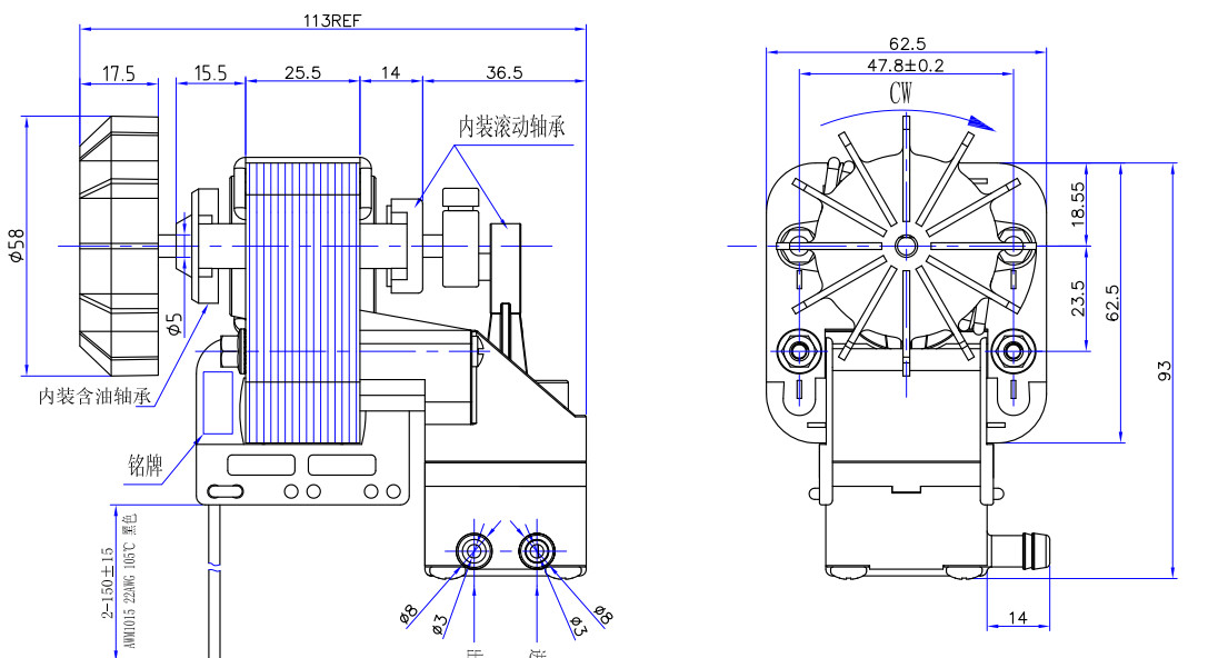 25mm Air Compressor Suction Machine Motor 220V 58W Flow Rate