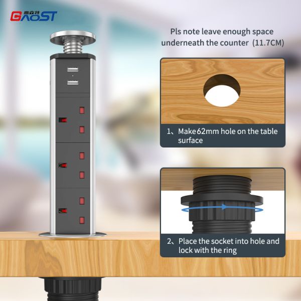 Countertop Pop Up Retractable Power Socket Mains Plug 60mm Hole