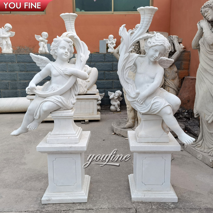 Hand Carved Garden Marble Angel Lamp Statue Outdoor