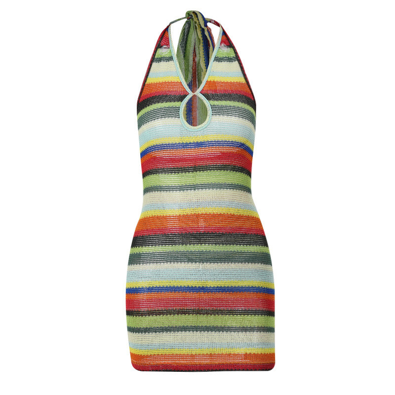 Hollow 76cm Sexy Women Dresses , Stripe Backless Knit Halter Dress