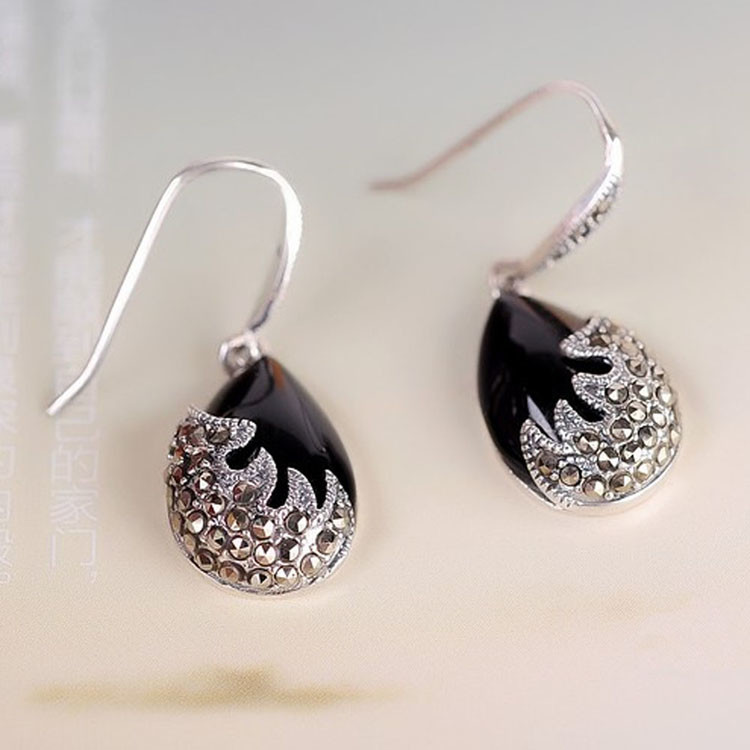 Vintage Sterling Silver Black Onyx with Marcasite Dangle Drop Earrings (E12033BLACK)