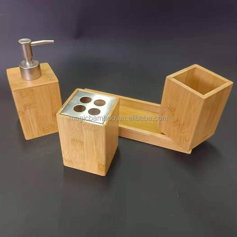 100% Natural Bamboo Sustainable Toothbrush Holder Cup Soap Dispenser Bath Set