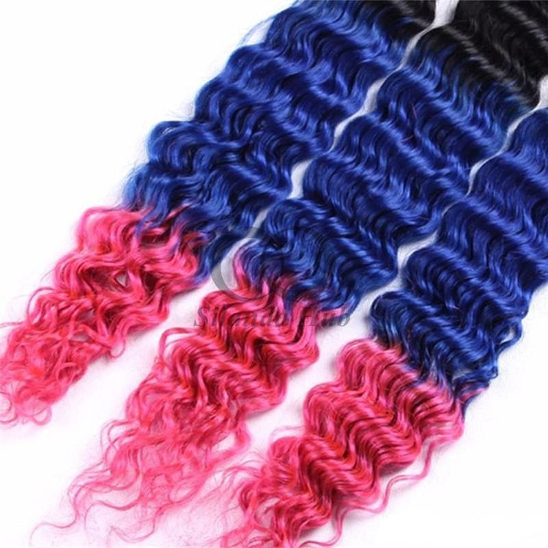 #T1B/Blue/Pink Deep Wave Remy Human Hair Bundles Sew In Weave Bundles Brazilian Bundle Deals