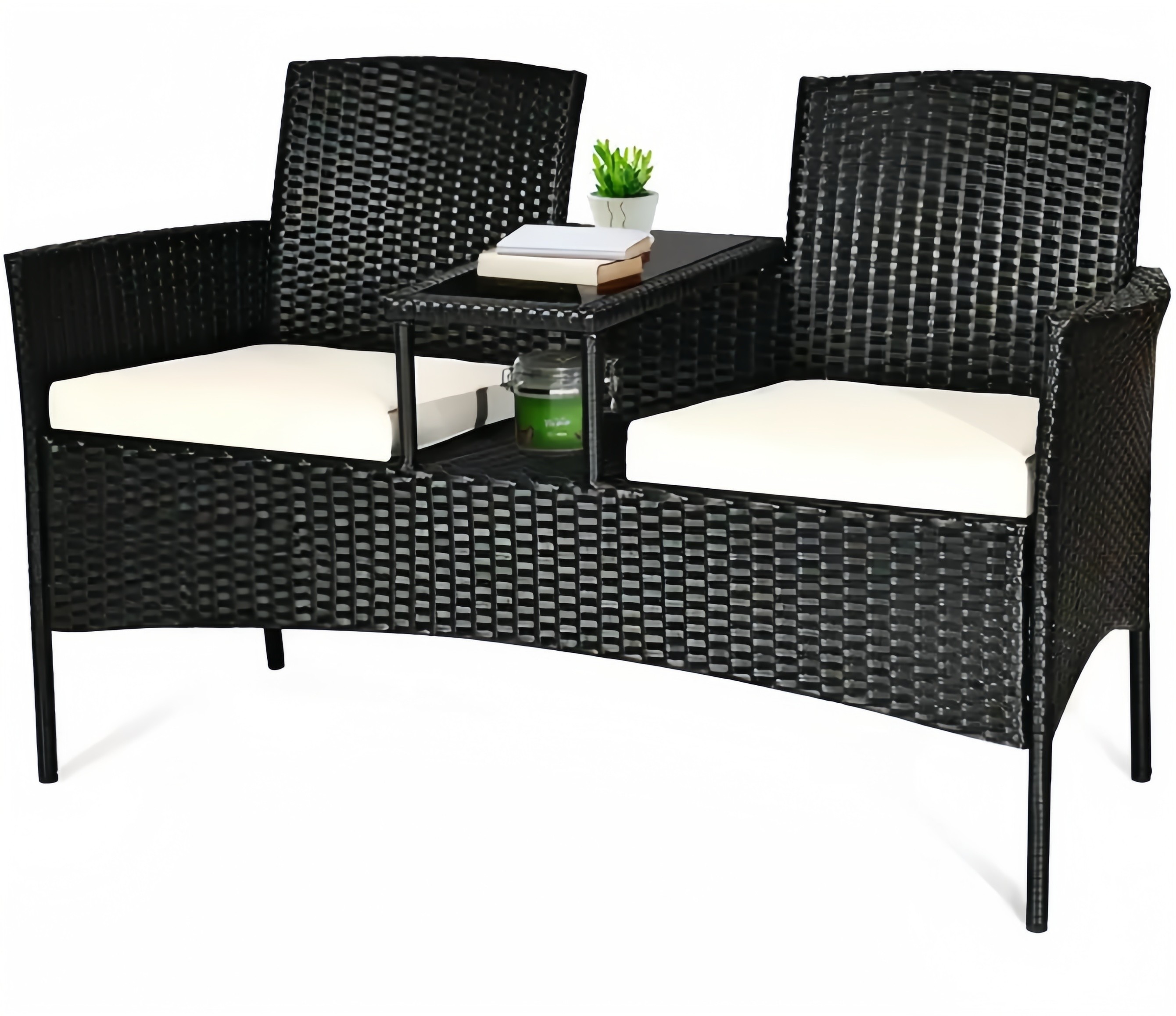153cm Loveseat Set Patio Wicker Conversation Set Rattan Removable Cushions