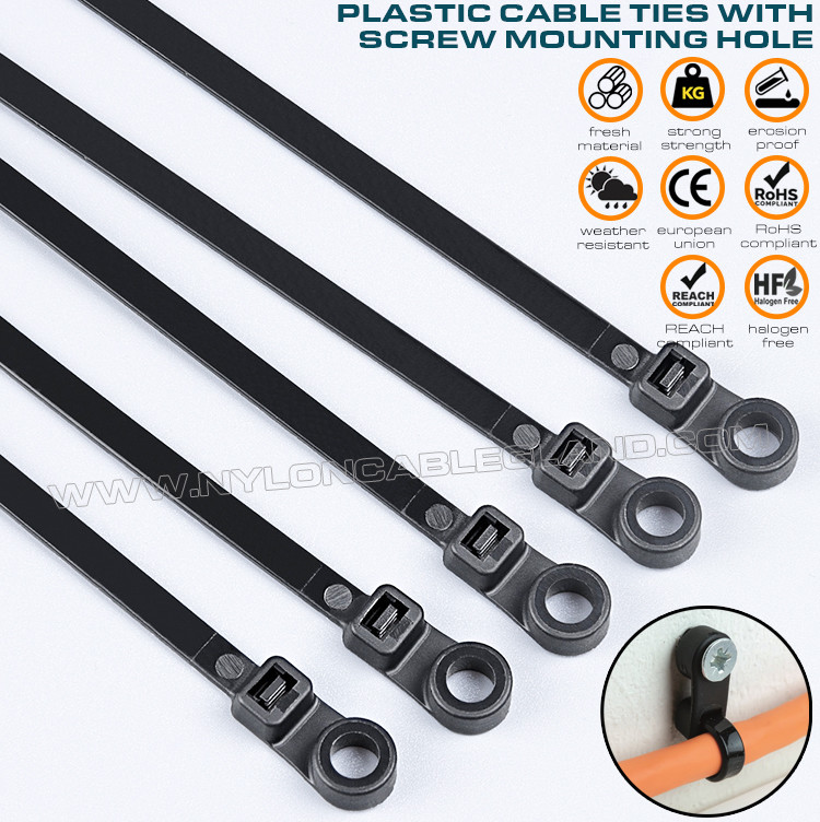 Nylon (PA)66 Cable Tie with Round Mounting Hole 300mm x 4.8, Screw Mount Plastic Cable Tie (50lbs) Mountable Head Zip Tie for Hanging Objects