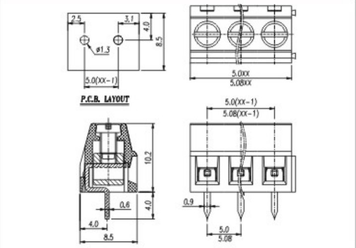 HQ127V-5.0/5.08mm Pcb Screw Terminal Block 2 Poles Square Electric