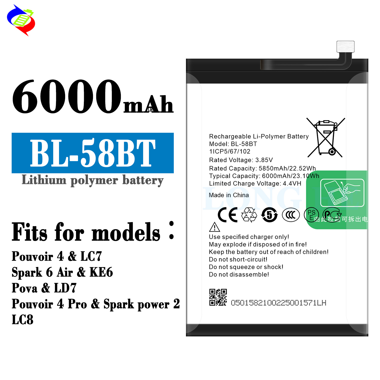 Rechargeable BL-58BT Tablet Battery for Tecno 8D P8D Droidpad 8D 3.8V 5000mAh