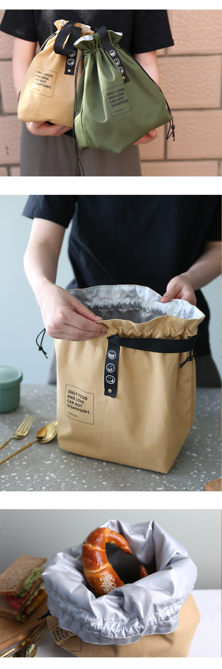 Customized Insulated Bento Bag Wide Opening Canvas Drawstring Lunch Bag