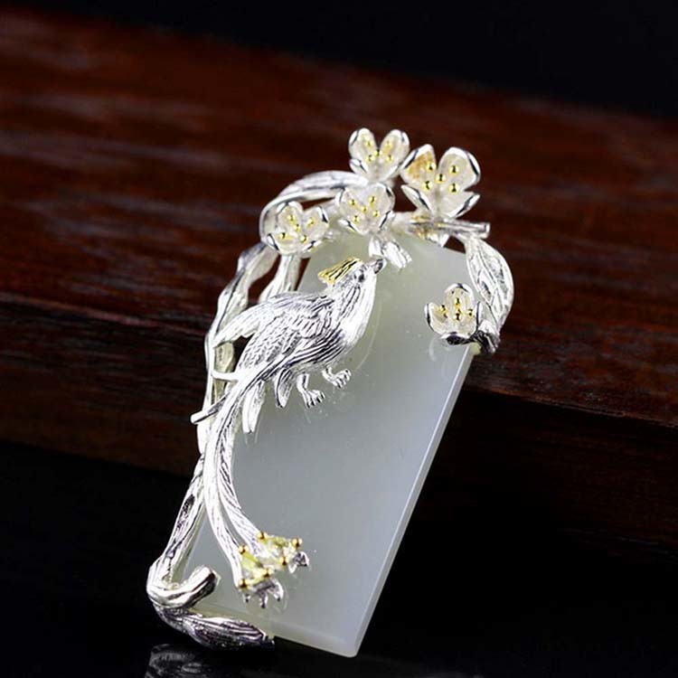 925 Sterling Silver Sculptured Flower Bird Natural Jade Pendant Necklace (DZ011049)