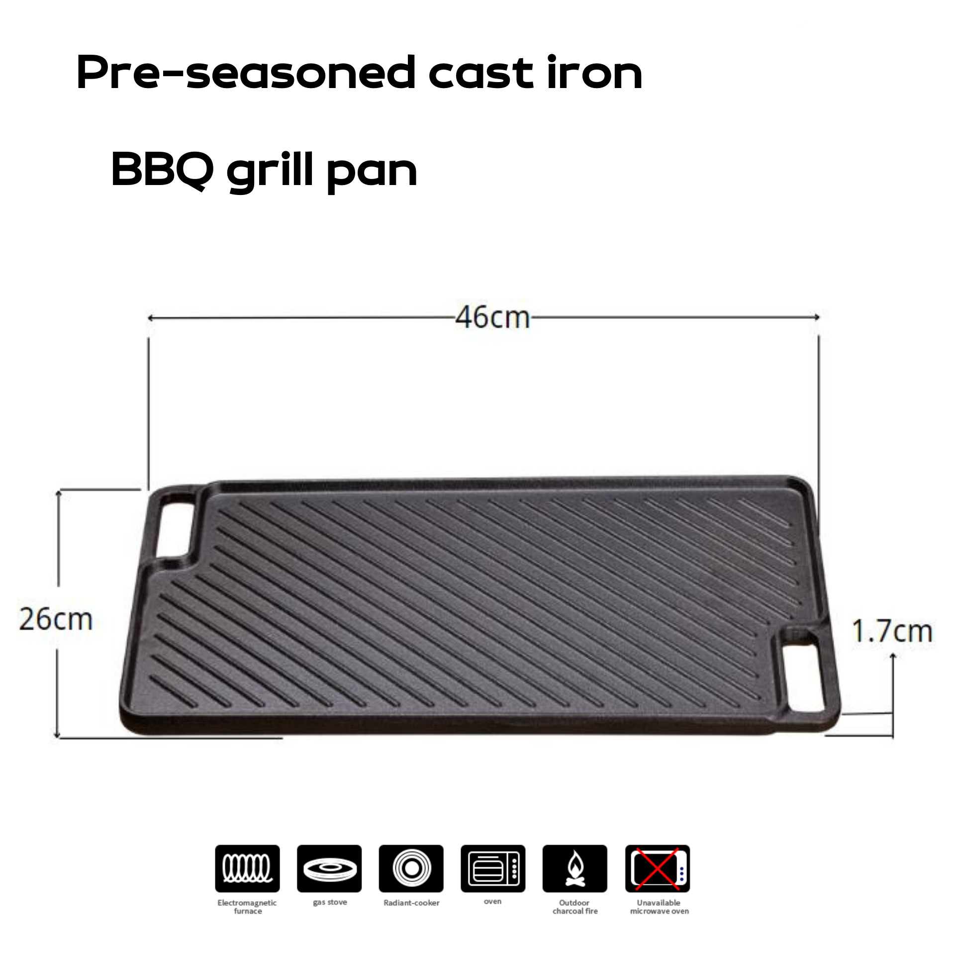 Pre Seasoned Reversible Cast Iron Grill Griddle 46x26x1.7cm