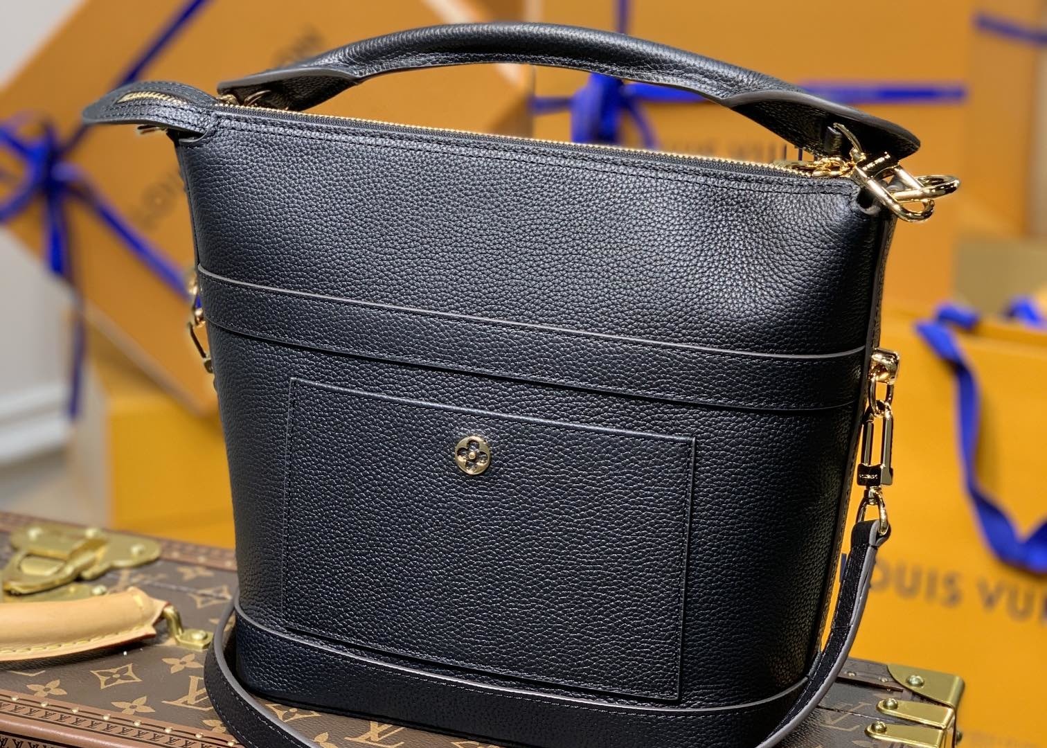 Small Genunie Black Printing Linning 25cm Cowhide Bucket Bag Handhold