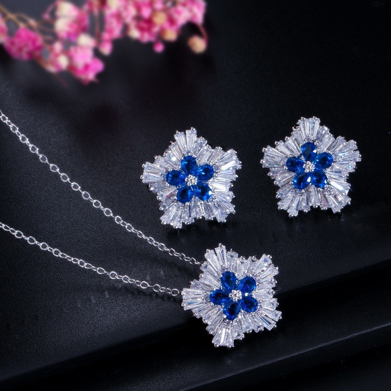 White Gold Color Luxury Bridal CZ Crystal Necklace and Earring Sets Big Wedding Jewelry Sets For Brides