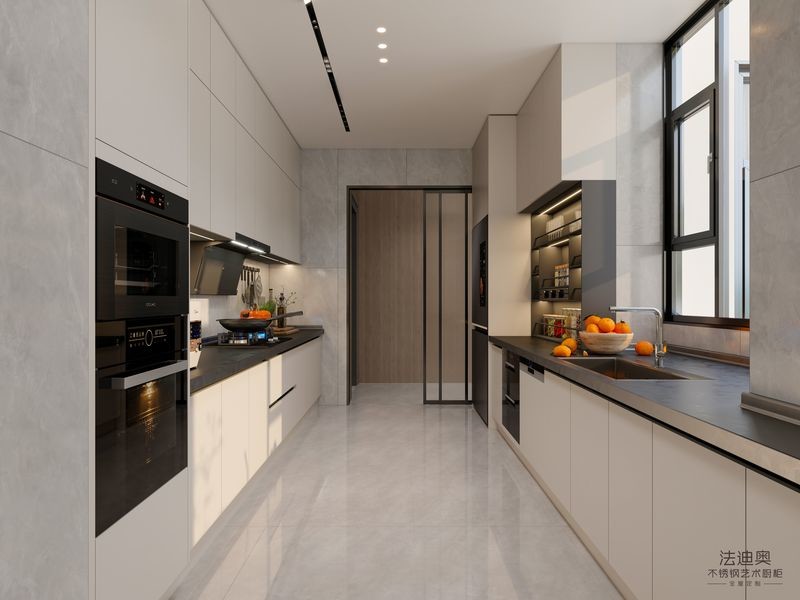 Fadior Double-Line Layout Beige Stainless Steel Modern Kitchen Cabinet