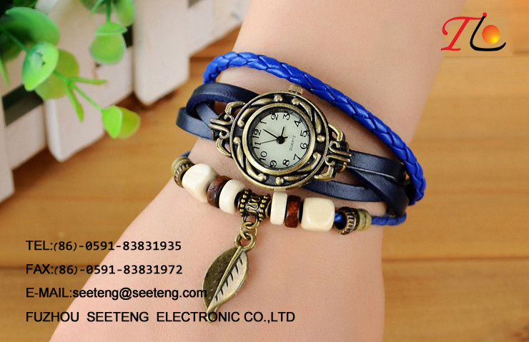 Fashion Vintage watches ladies watches with colorful beads bracelet and leather braided band