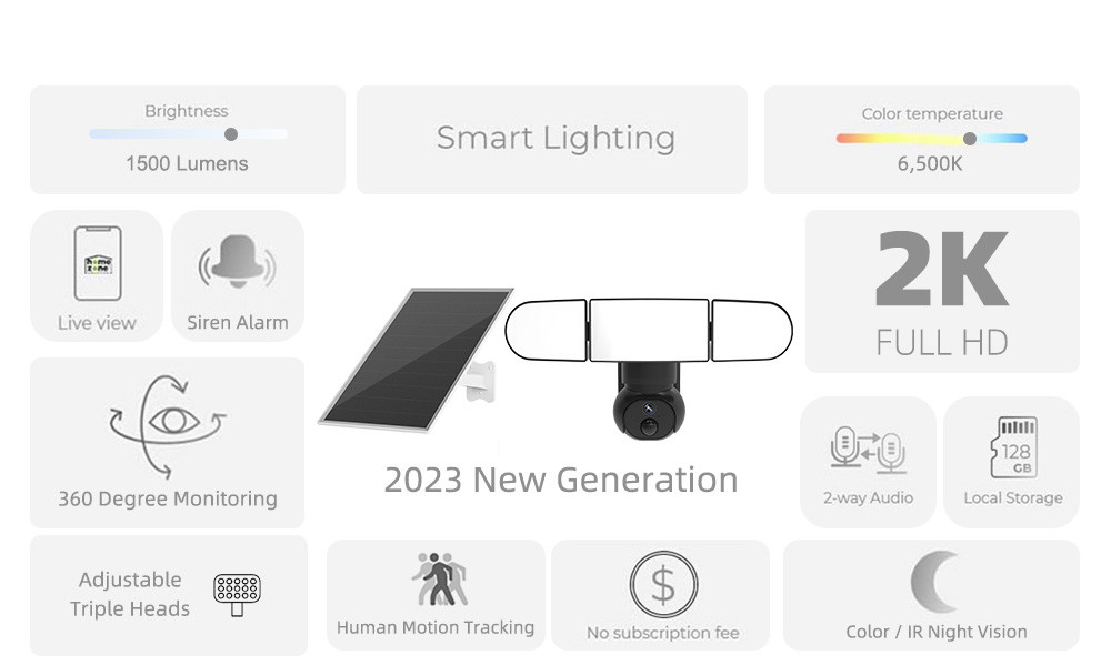 2K Home Security Camera with Built In Speaker And Microphone WiFi Solar Light Camera