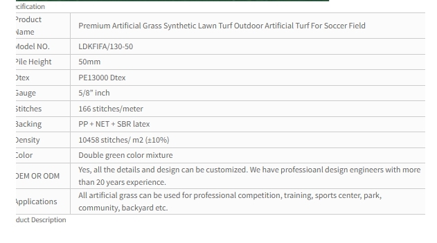 50mm Soccer Turf PE13000 DtexTraining Artificial Grass For Soccer Field Court