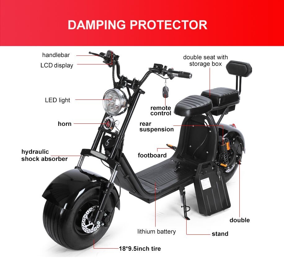 EcoRider 18inch fat tire 1500w 60v 12ah 2 Wheel Electric Scooter with double seat and EEC Certificate