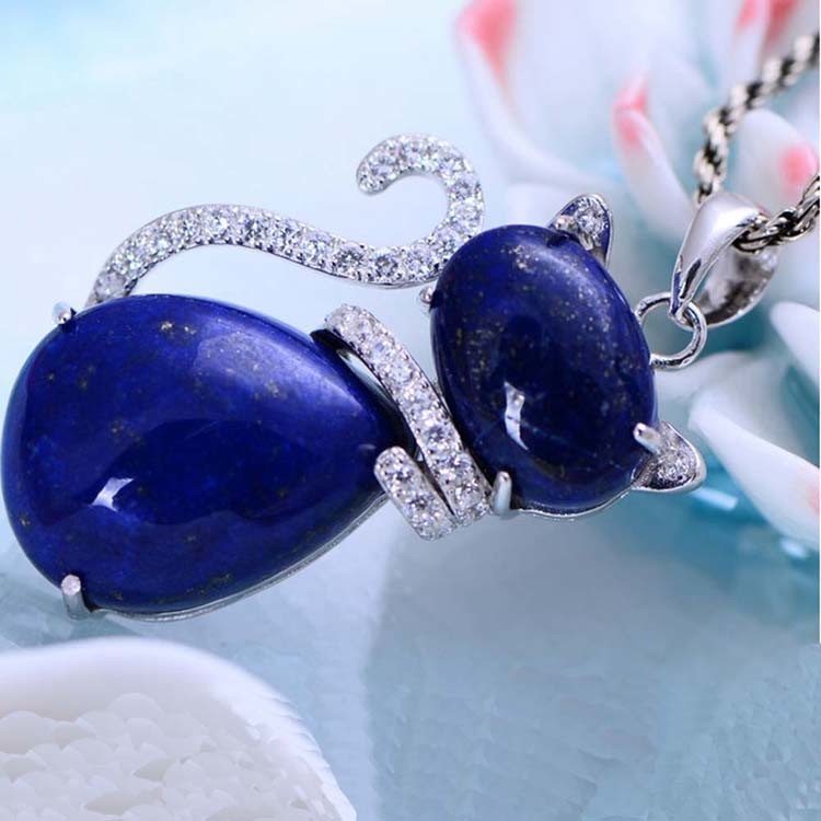Sterling Silver Lapis Lazuli Cat Shape Women Pendant Necklace (048817W)